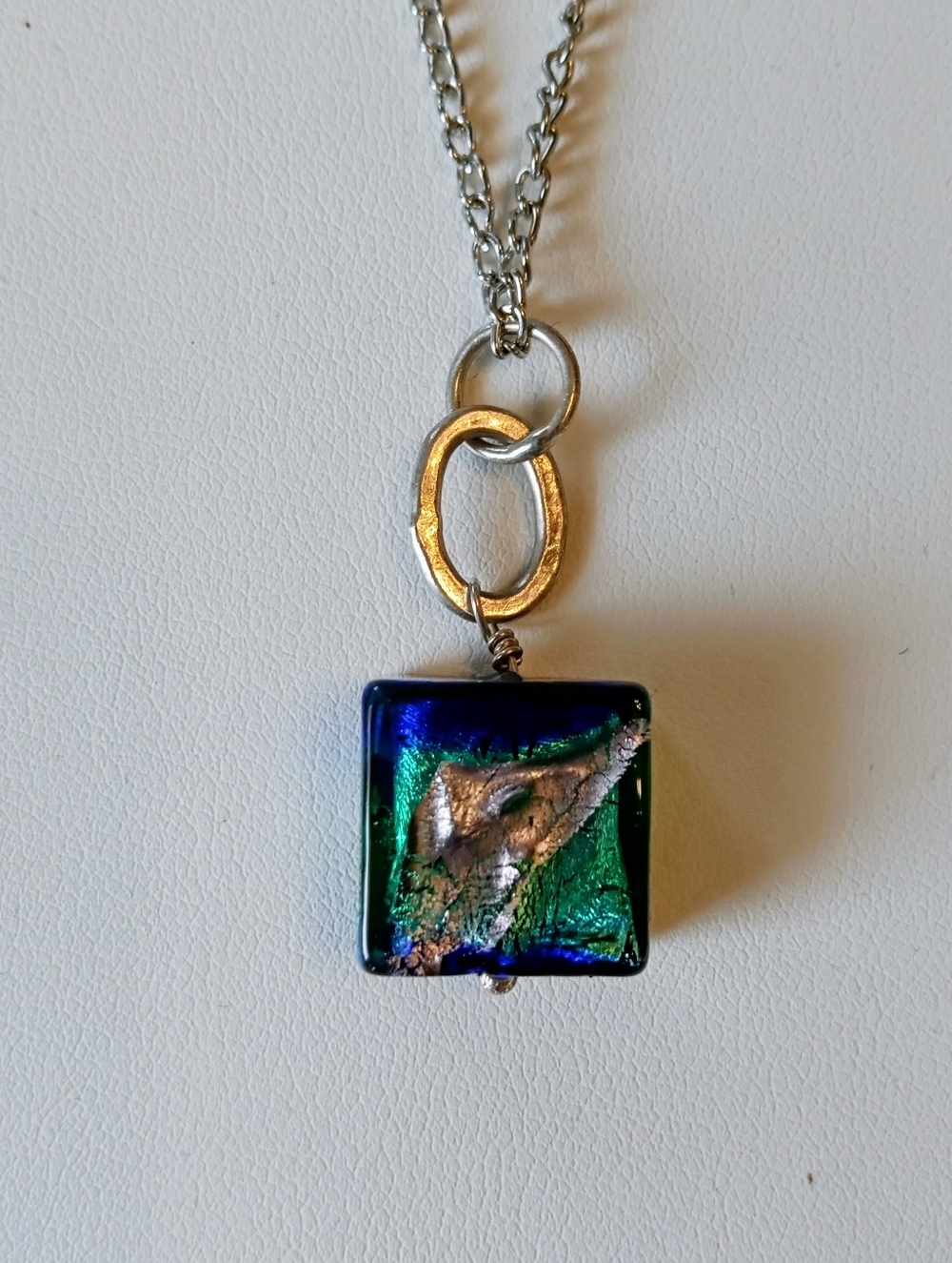 Beautiful 22" Dichroic Murano Fused Glass Blue Green Silver Smaller Type Pendant